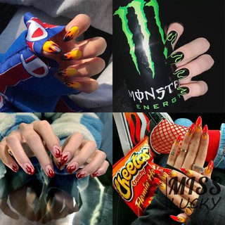 Set 24 Móng Tay Giả Họa Tiết Ngọn Lửa 4 Kiểu Kèm Keo Dán Thời Trang