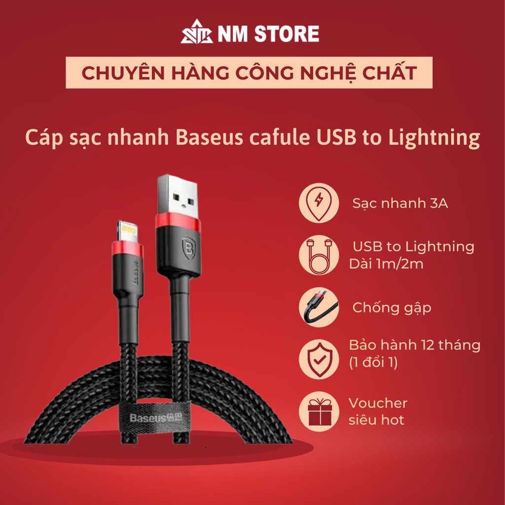 Cáp sạc nhanh Baseus cafule USB to Lightning,truyền dữ liệu tốc độ cao, cáp bọc dù siêu bền, sạc nhanh 3A, dài 100cm