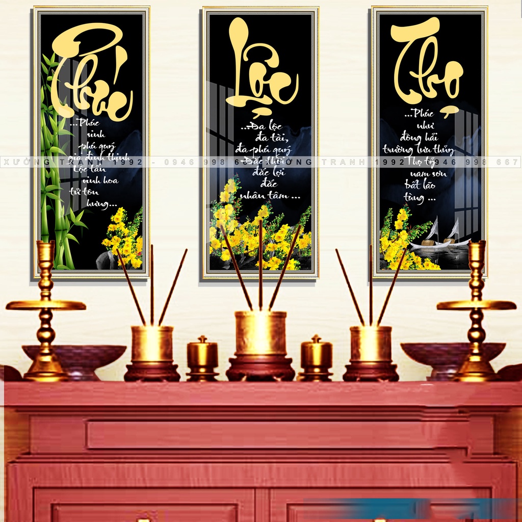 Tranh Treo Tường , bộ tranh TRÁNG GƯƠNG PHÚC LỘC THỌ treo Phòng khách, cầu thang, bàn thờ