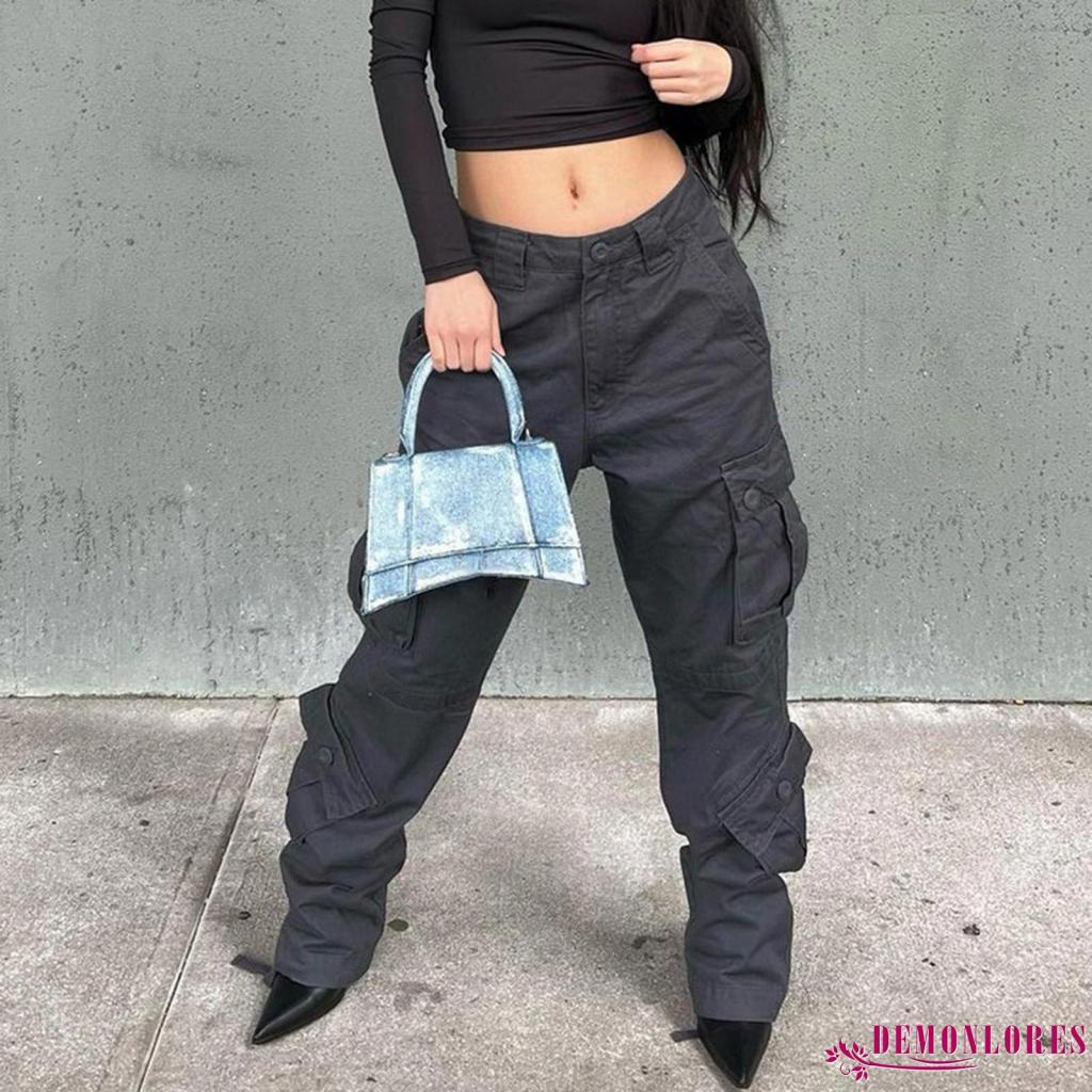 Quần Denim Dài Phối Túi Màu Trơn Phong Cách Đường Phố Cá Tính Cho Nữ