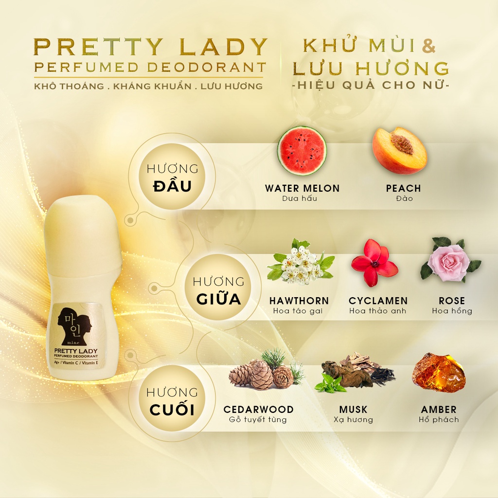 Lăn khử mùi hương nước hoa cho nữ M.i.n.e Pretty Lady Perfumed Deodorant 50ml, với 3 tầng hương
