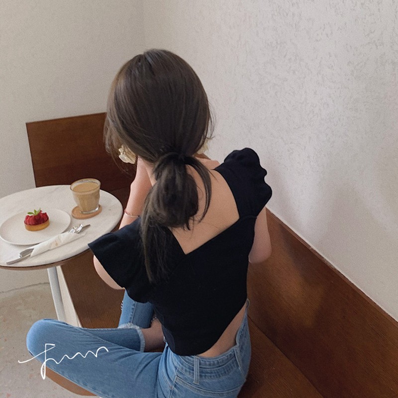 Xiaozhainv Áo dệt kim nữ tay bèo cổ vuông thiết kế một hàng nút trước