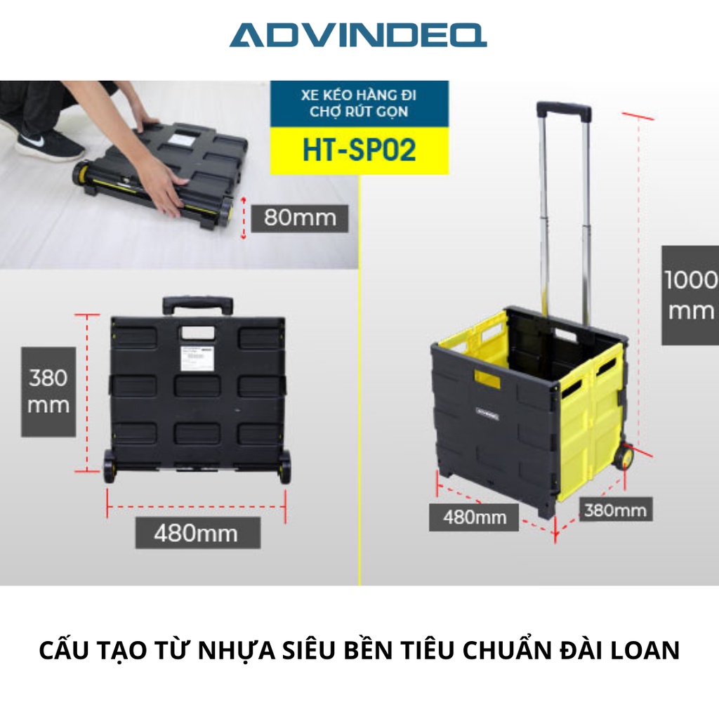 Xe kéo đi chợ gấp gọn 2 bánh đa năng ADVINDEQ HT-SP02, tải trọng 35kg, công nghệ Đài Loan cao cấp, bảo hành 12 tháng