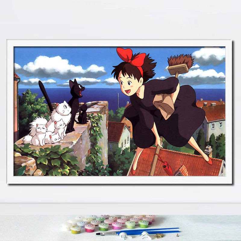 ♟❏❧Hayao Miyazaki Dịch vụ giao hàng của Phù thủy Anime Nhật Bản vẽ tay kỹ thuật số tự làm -painted tô màu bức tranh sơn