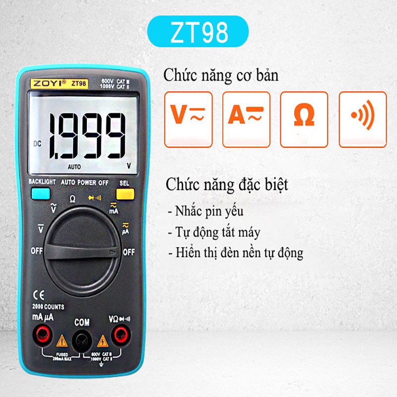 Đồng Hồ Đo Điện Vạn Năng Điện Tử Đo Điện Ac/Dc Zoyi Zt-98 - Bảo Hành 12 Tháng