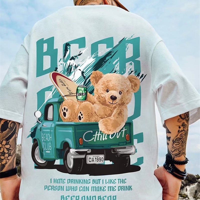 Áo Thun Nam Tay Ngắn Dáng Rộng In Hình Gấu Hoạt Hình Phong Cách Hip Hop Thời Trang Mùa Hè Size M-8XL
