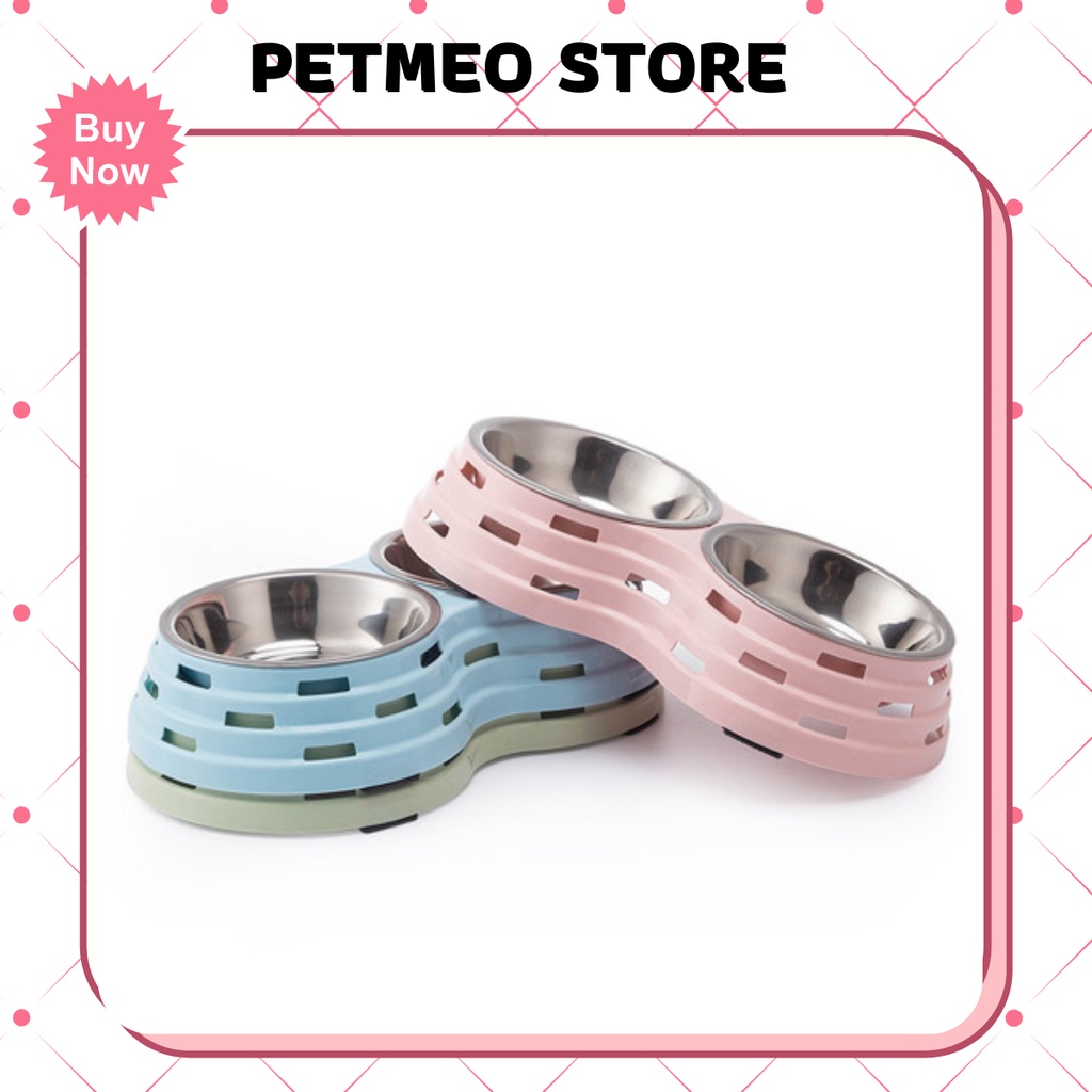 Bát ăn cho chó mèo 2 ngăn siêu tiện lợi, bát ăn cho thú cưng (lòng inox) - PETMEO