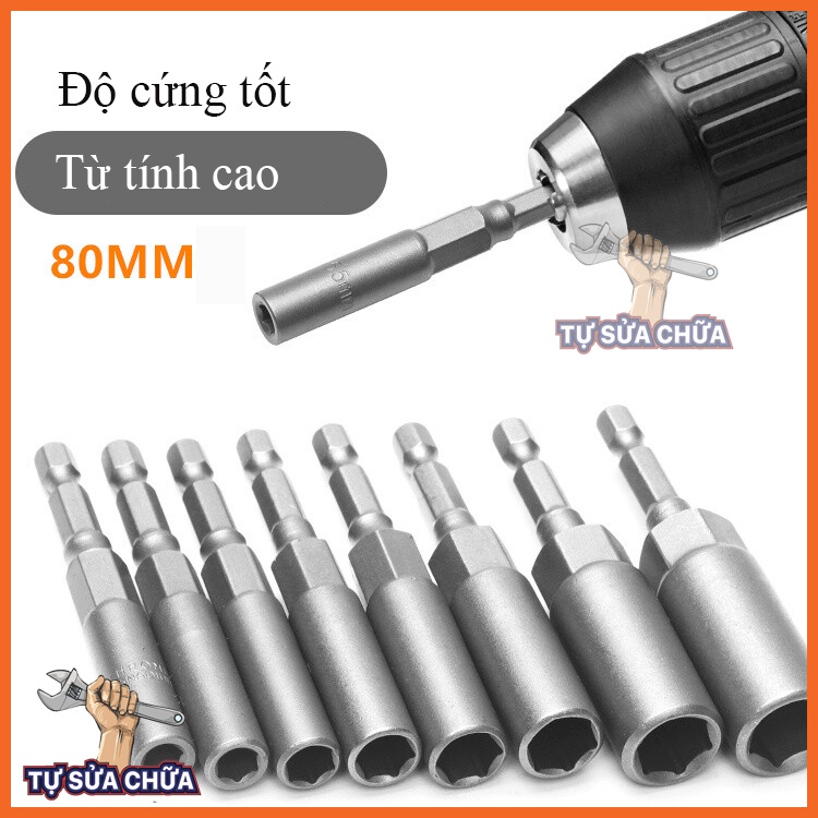 Khẩu, tuýp mở ốc, xiết ốc chuôi lục giác dài 8,5 cm thép Cr-V liền khối phù hợp với nhiều loại máy khoan