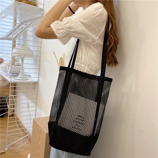 Túi Vải Canvas Phối Lưới Thời Trang Hàn Quốc Cho Nữ