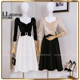 Đầm cổ vuông tafta dáng xòe tay lỡ phối màu chân váy đính nơ phong cách tiểu thư vintage xinh LL Behind Store - Dx276