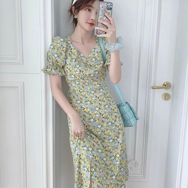 Đầm Nữ Dáng Dài Họa Tiết Hoa Cúc Nhỏ Phong Cách Pháp Thời Trang Mùa Hè Mới