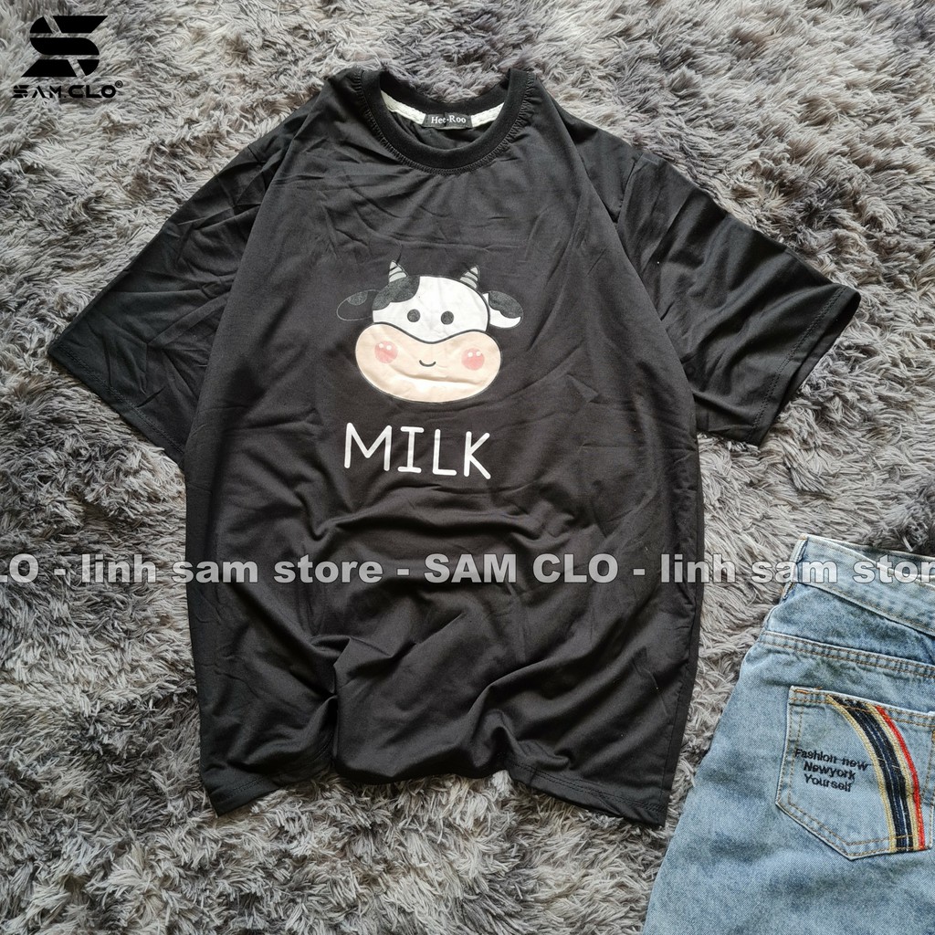 Áo thun nữ tay lỡ SAM CLO freesize phông form rộng dáng Unisex, mặc lớp, nhóm, couple in chữ MILK hình ĐẦU BÒ