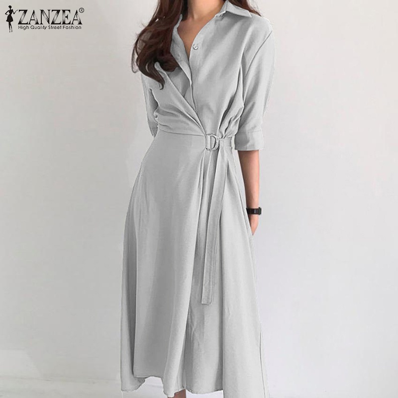 Đầm ZANZEA cổ bẻ ngắn tay thắt dây màu trơn phong cách Hàn Quốc thanh lịch cho nữ