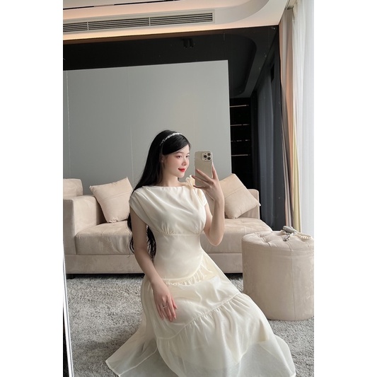 VN823 - VÁY TƠ 2 LỚP XOÈ TẦNG CHÉO EO ĐÍNH HOA VAI