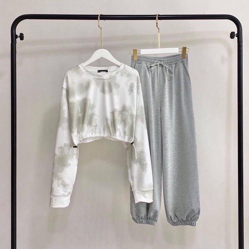 Bộ Áo Loang Màu CropTop_ Quần Dài Trơn Dây Rút Ảnh Thật