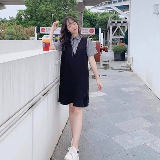 Đầm váy freesize suông đen phối sọc