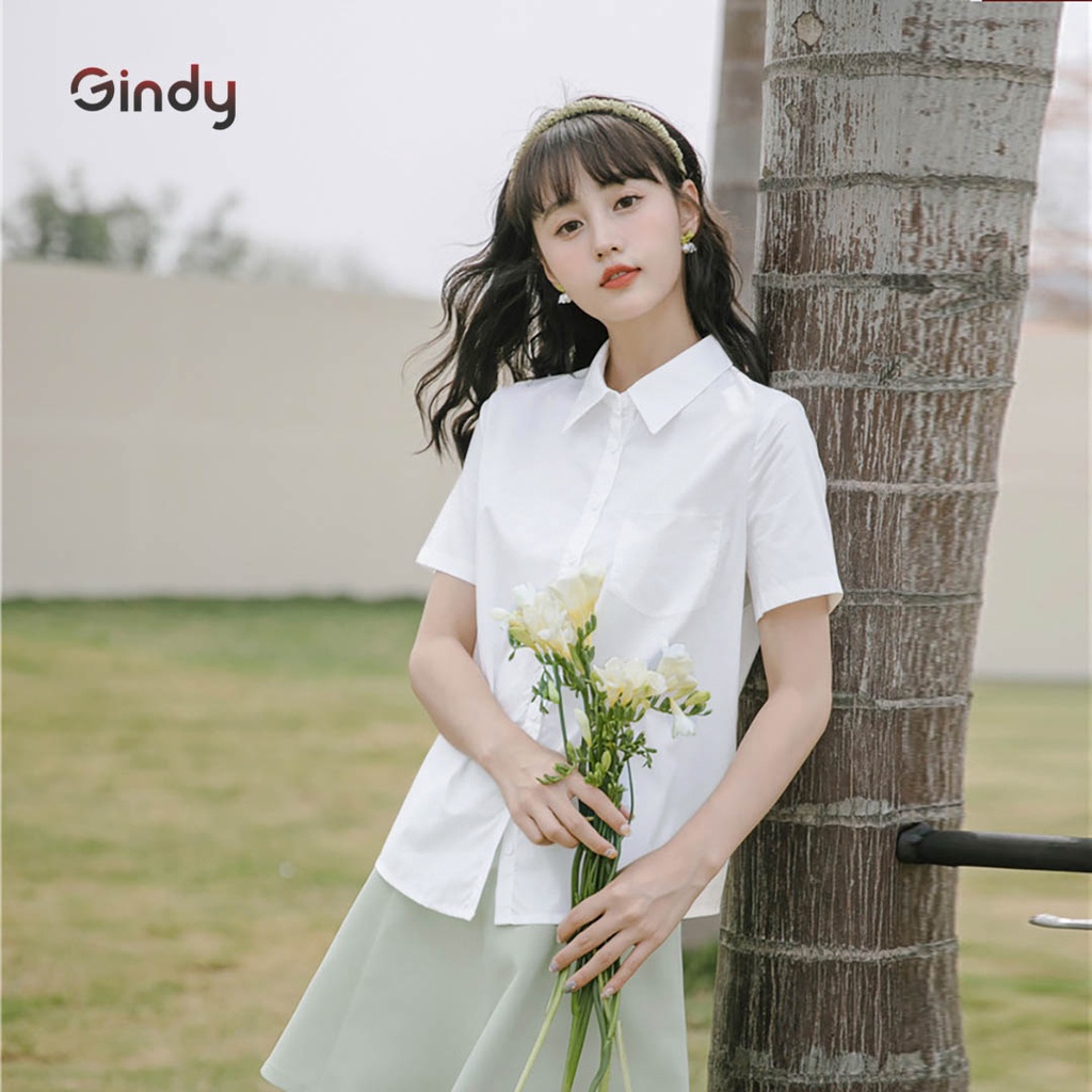 Áo sơ mi trắng nữ tay ngắn GINDY form basic đơn giản sơmi ngắn tay học sinh sinh viên công sở 2022 A5143