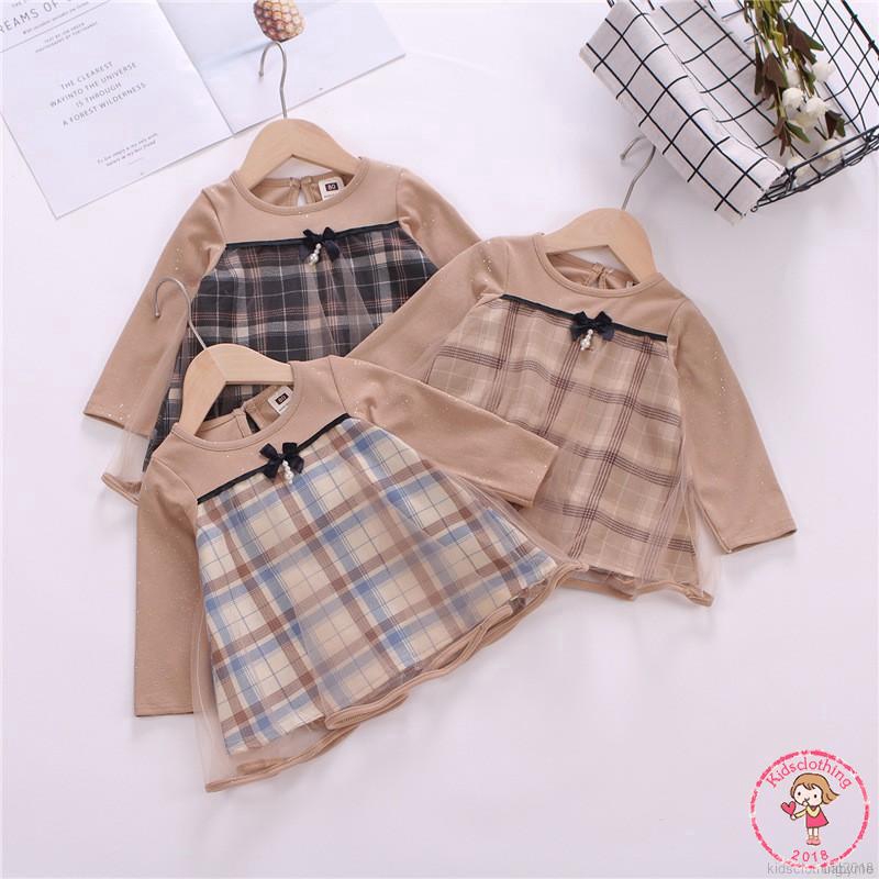 KIDS Đầm sơ mi kẻ sọc vuông phối ren đáng yêu cho bé gái