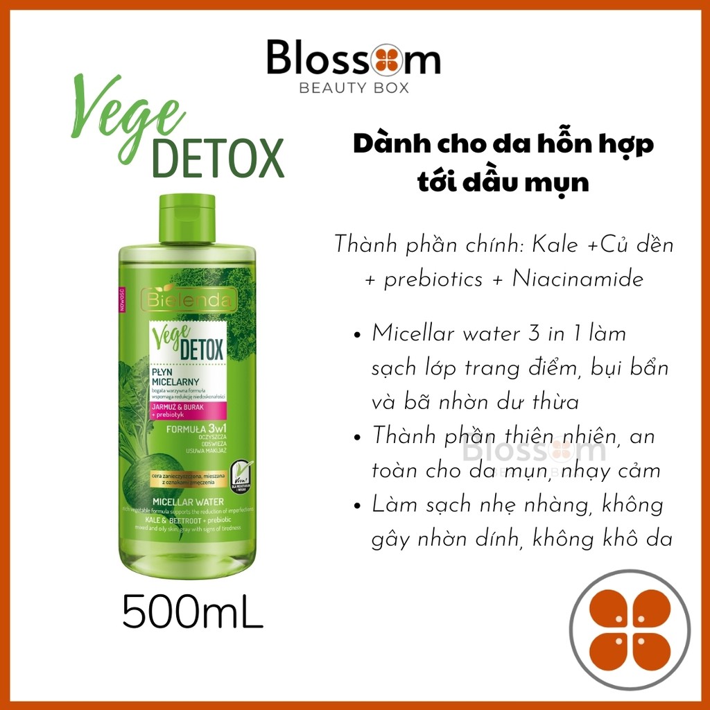 500ml Nước tẩy trang Micellar BIELENDA: Vege Detox, Green Clay, Pink Clay