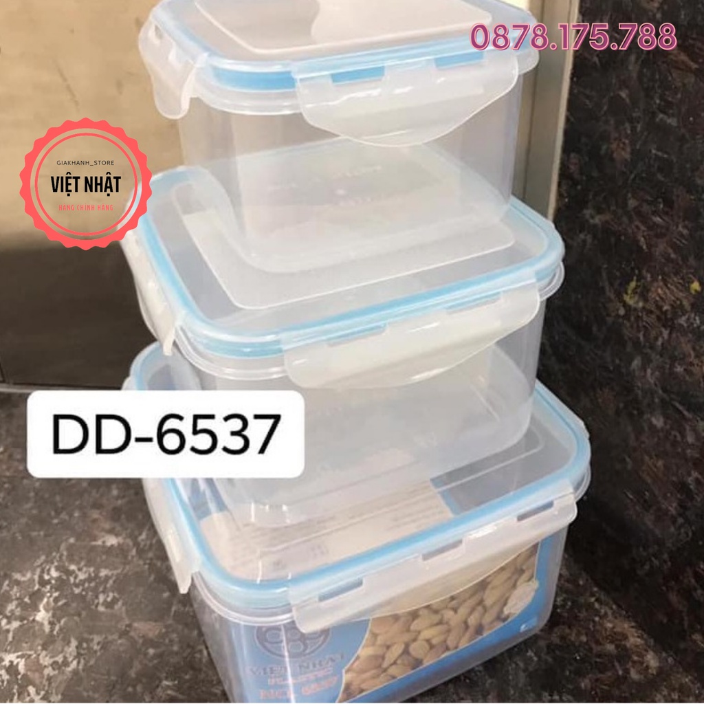 [Combo bộ 3] Hộp Đựng Thực Phẩm Việt Nhật Có Nắp Khóa Tiện Dụng - Bộ 3 hộp hình vuông loại xịn mã số 6537