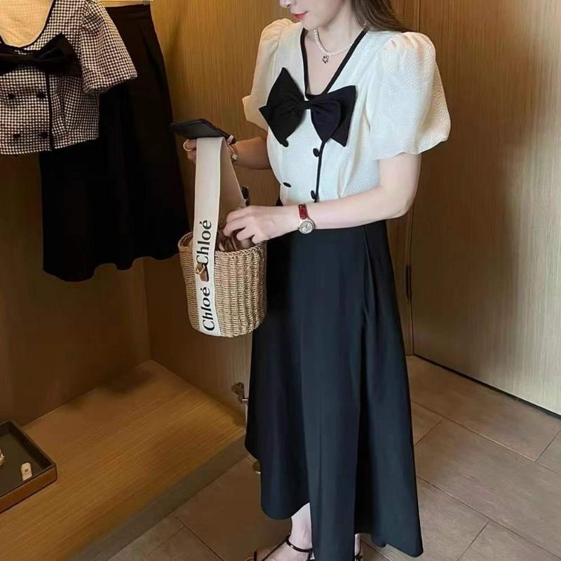 Set áo trắng nơ ngực + chân váy midi đen