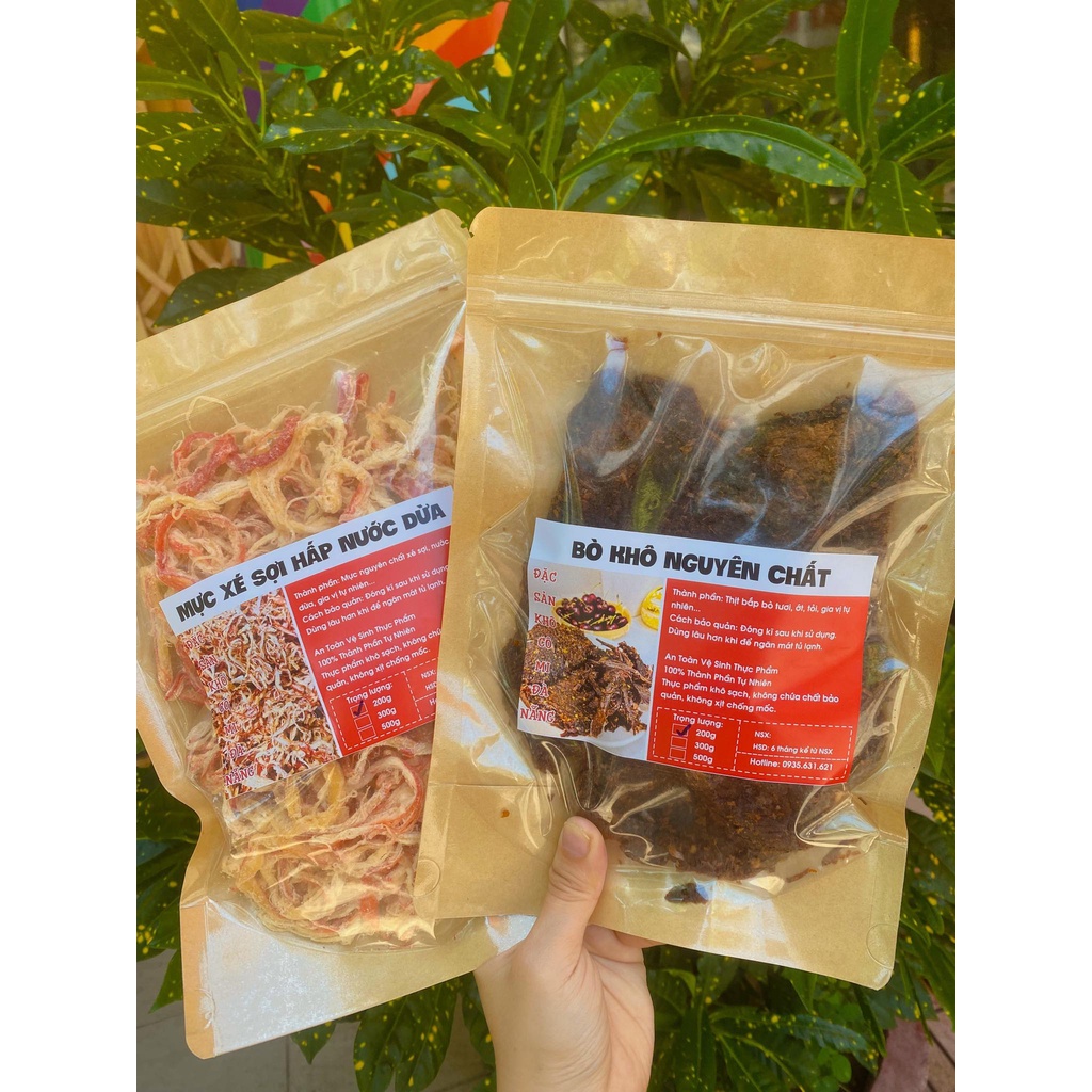 Combo 2 túi đồ ăn vặt khô bò miếng và mực xé sợi hấp nước dừa 400g