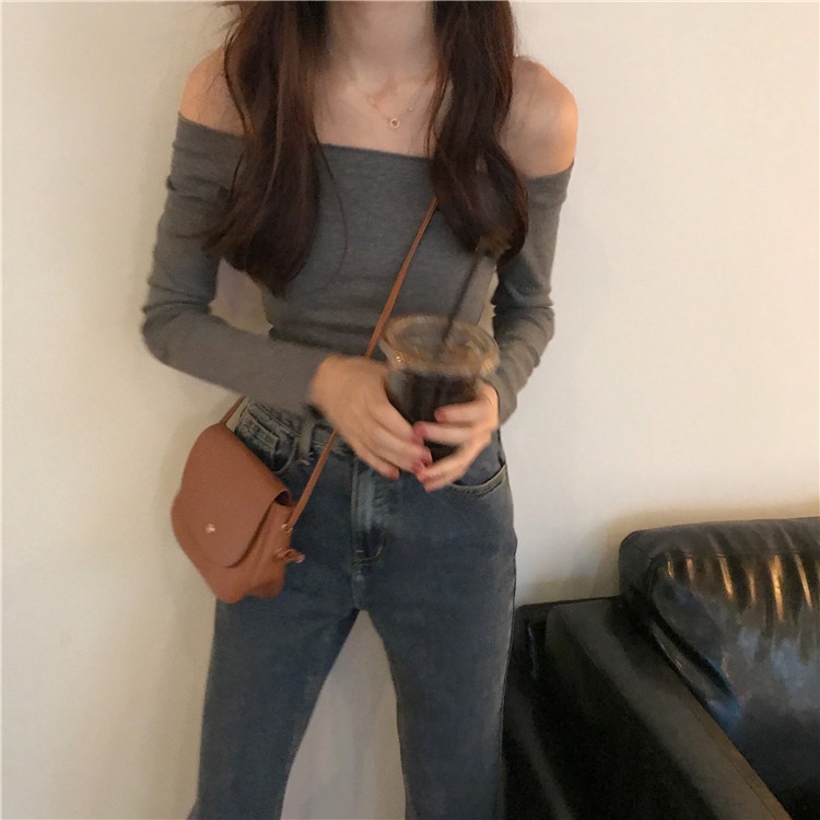 (ORDER) Áo thun dài tay trễ hở vai ôm body màu đen/xám gợi cảm style Hong Kong