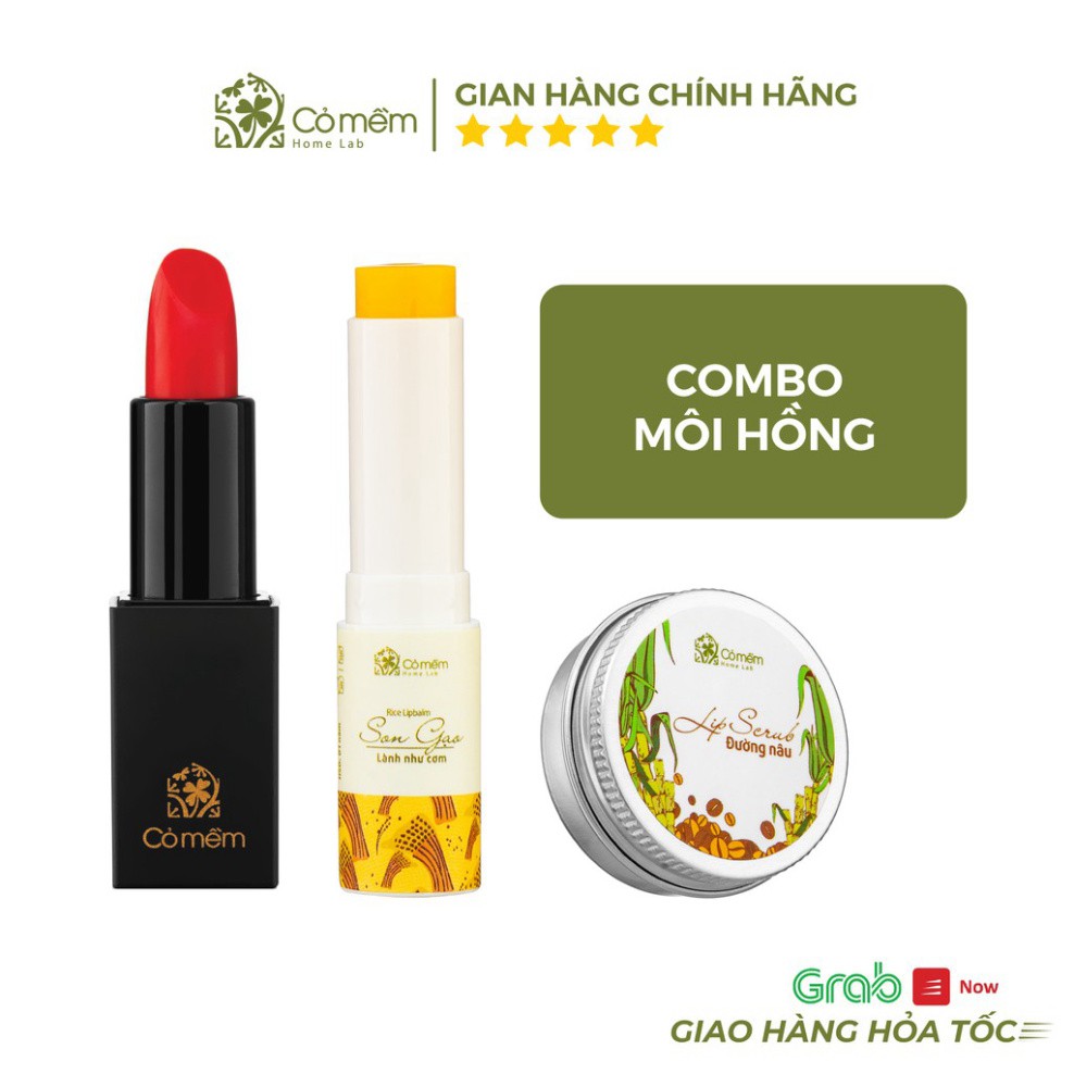 Combo Môi Hồng Cỏ Mềm - Chăm Sóc Môi Toàn Diện, Gồm Son Lụa Không Chì, Son Gạo Dưỡng Môi Và Tẩy Da Chết Môi