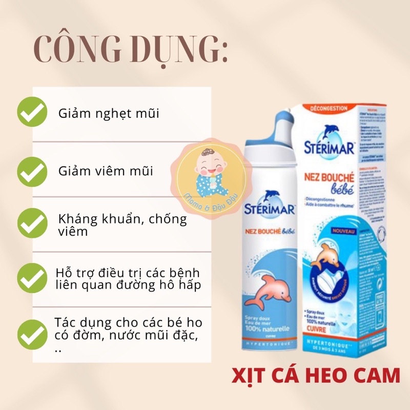 Xịt mũi cá heo Sterimar Pháp, xịt muối biển cá heo vàng, cá heo cam 100ml