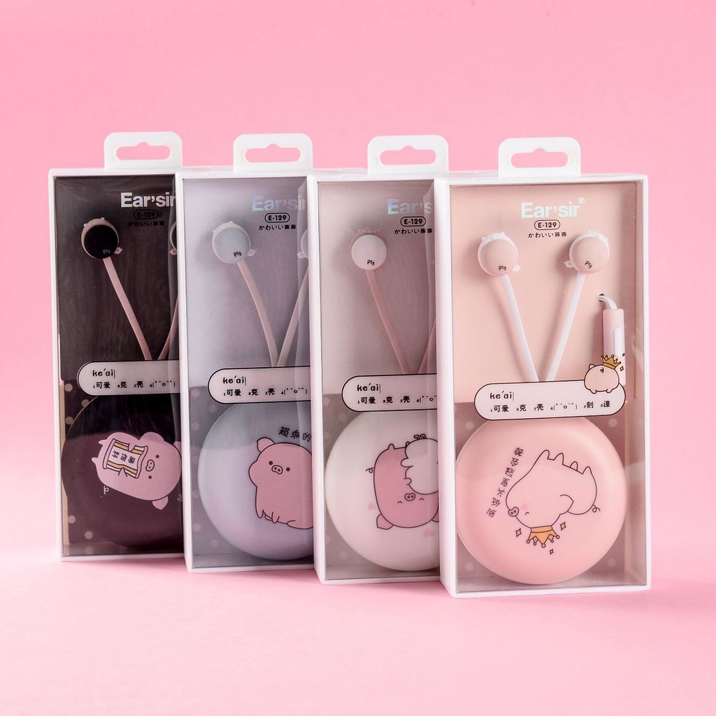 Tai nghe nhét tai có mic đàm thoại hộp đựng hình chú heo siêu cute chống rối