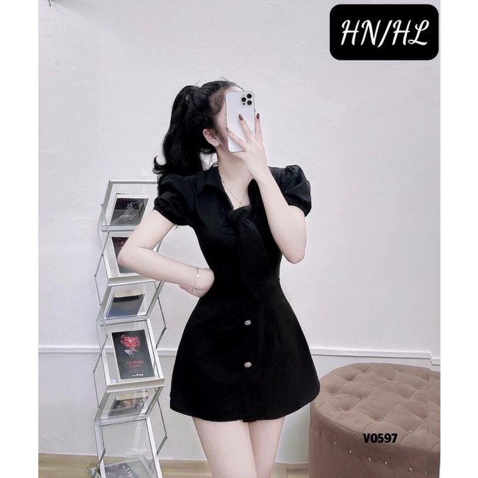 Váy cổ nơ tay bồng bo chun 2 màu siêu xinh