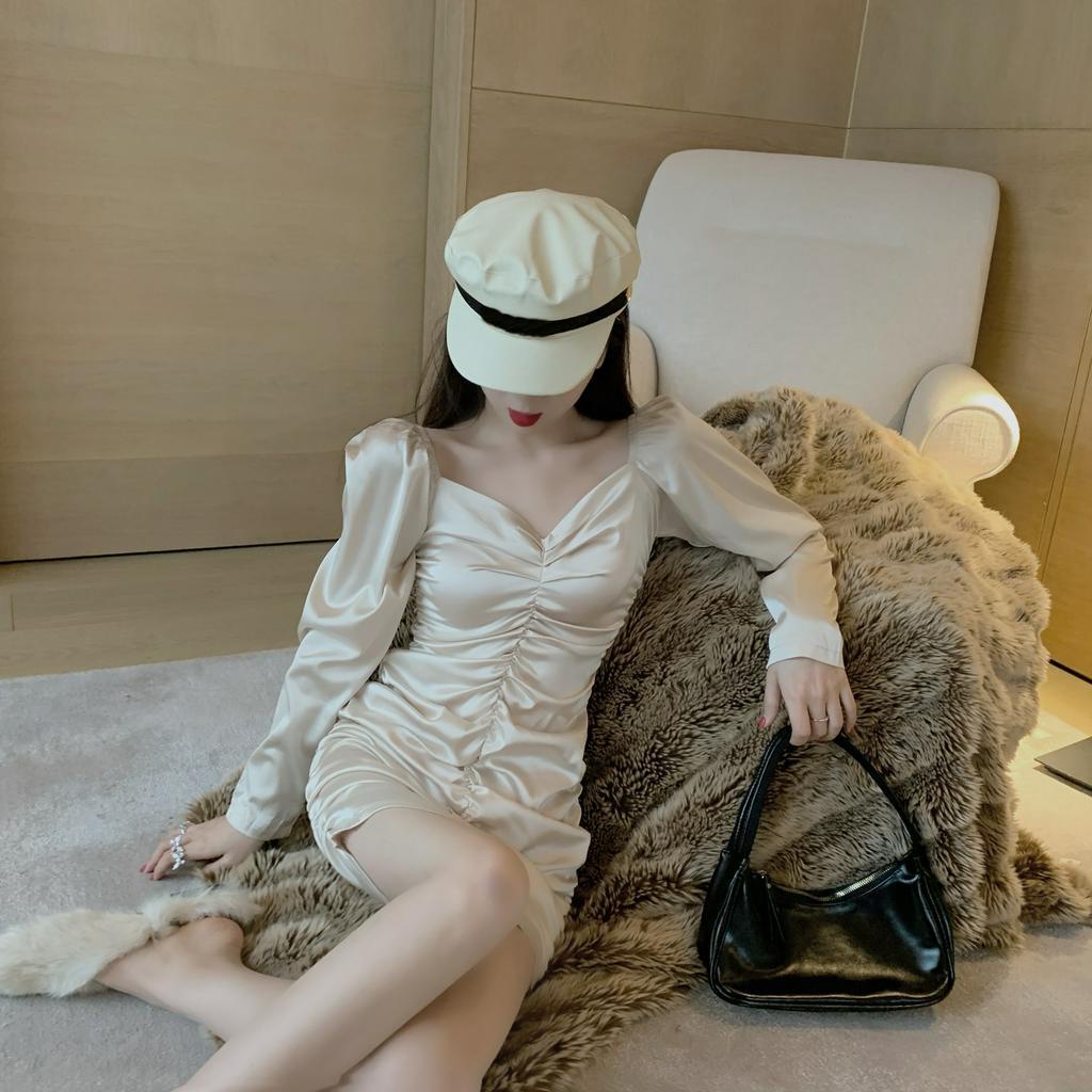 IELGY Đầm dài tay phong cách retro quyến rũ sang trọng cho nữ