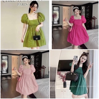 Váy baby doll xanh - hồng tiểu thư tay bồng dáng xòe cho nữ