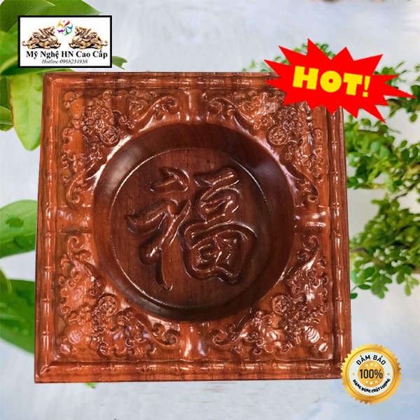 Gạt Tàn gỗ Hương, Gạt Tàn Thuốc Lá Gỗ Chạm khắc cực đẹp, Tinh Tế. KT 15x15cm ( Gỗ Hương)