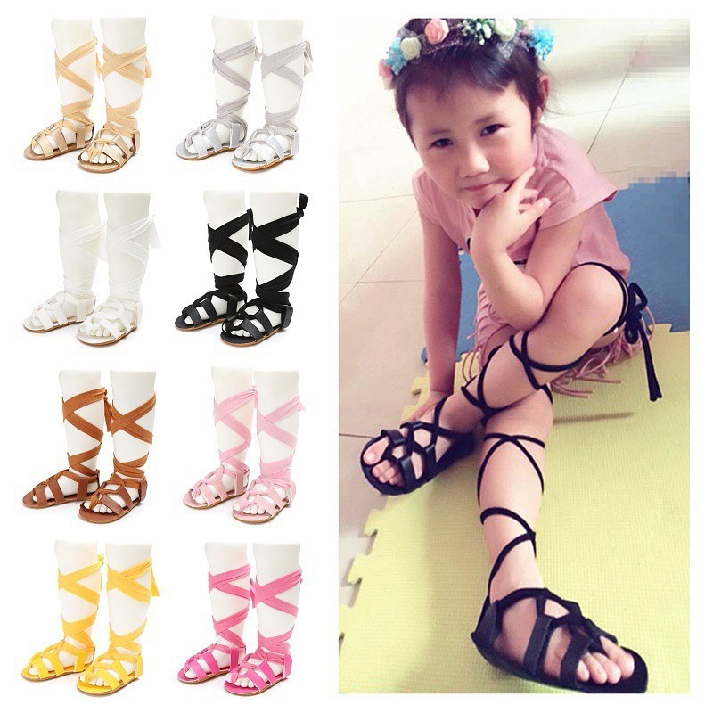 Giày sandal cột dây màu trơn dễ thương cho bé gái
