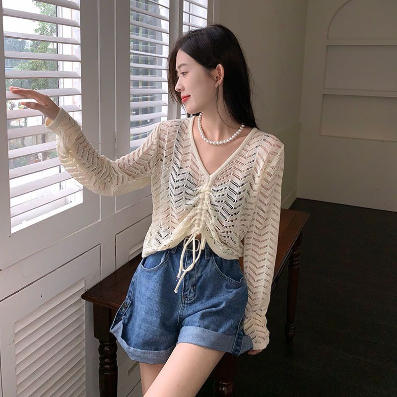 COZOK Áo Sweater Dệt Kim Tay Dài Cổ Chữ V Phối Dây Rút Thời Trang Trẻ Trung