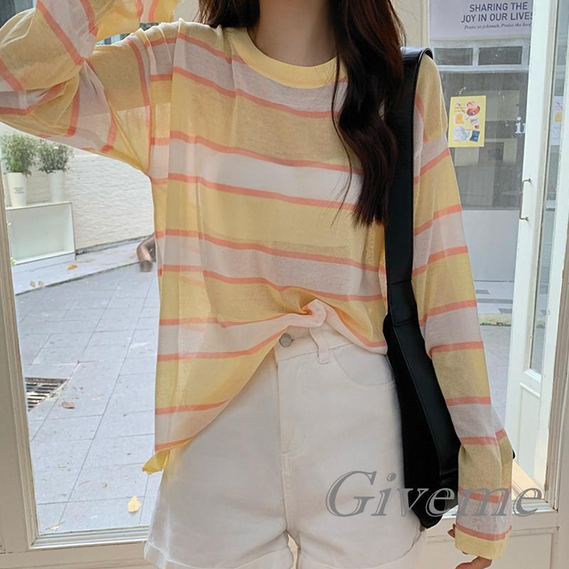 Áo Thun Nữ Dài Tay Cổ Tròn Xuyên Thấu Màu Xanh Dương / Xanh Lá / Hồng / Vàng