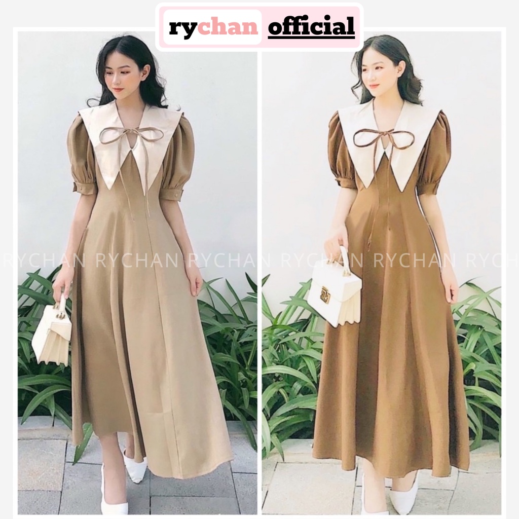 Đầm Váy Nữ Dự Tiệc Cưới Nơ Cổ Phối Trắng Form Dài Tay Bồng Ngắn Phong Cách Quý Cô Sang Chảnh 2 Màu Nude Nâu - DX9711