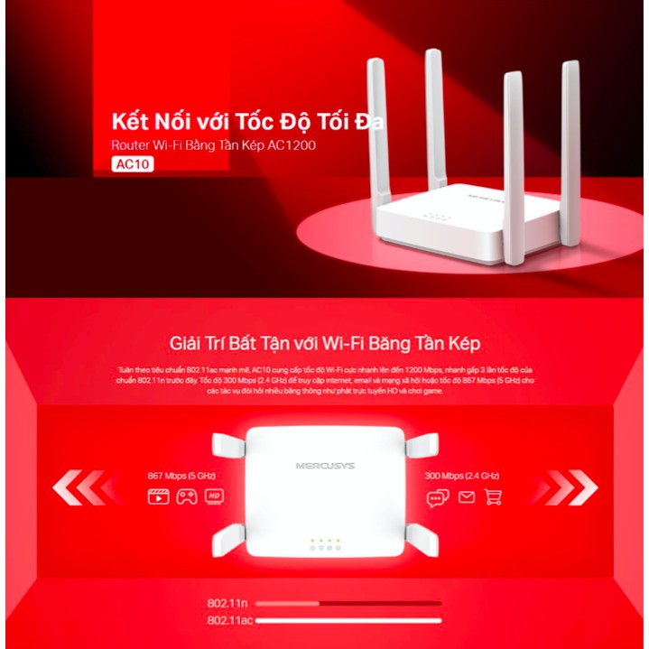 Bộ Phát Wifi Băng Tần Kép Chuẩn AC1200 TP-Link Mercusys AC10 - Cục phát wifi - Router wifi