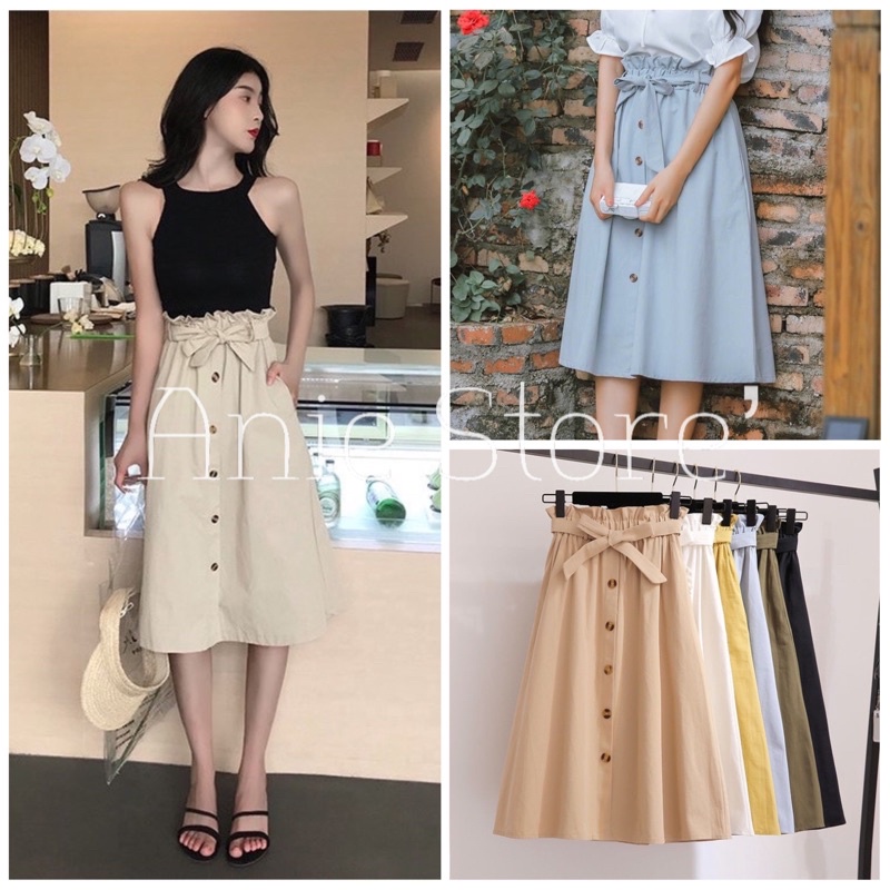Chân Váy Công Sở Nơ Eo Hàng Cúc Giữa ? Váy Midi Nữ Eo Viền Bèo Dáng Dài Nhiều Màu ?