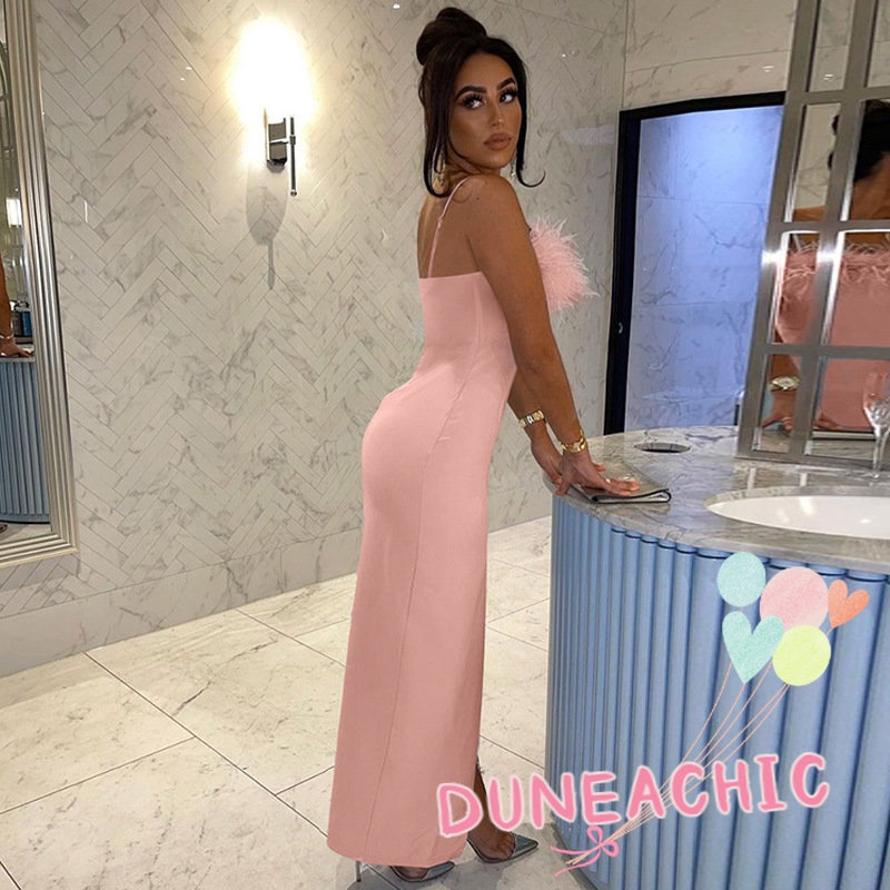 DUNEA Đầm Lông Cừu Hai Dây Hở Lưng Gợi Cảm Cho Nữ