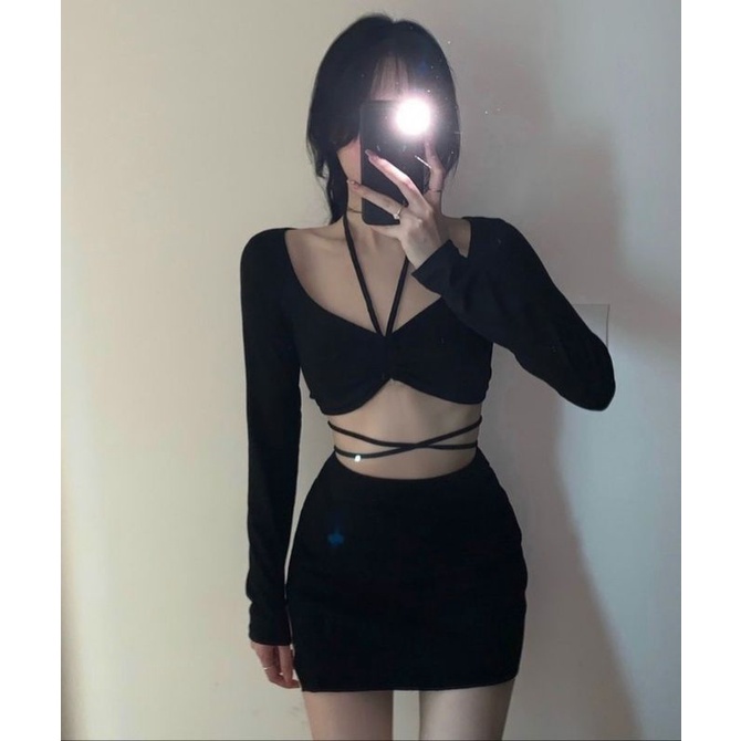 Set Thun Áo Yếm Croptop Tay Dài Rút Dây Giữa Ngực Tạo Kiểu Nơ Và Chân Váy Bút Chì Dáng Ngắn - Form Ôm Body Sexy
