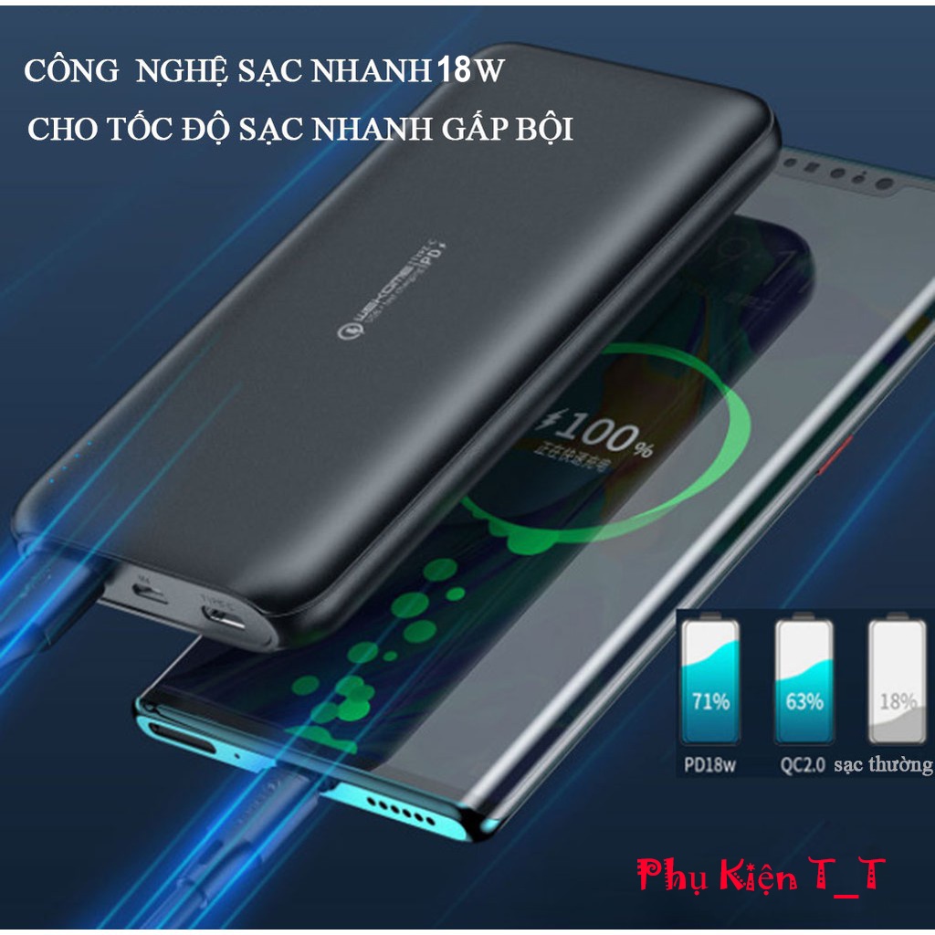 Pin Sạc Dự Phòng WP-187 10000mAh Sạc Nhanh PD 18W, Quick Charge 3.0 hỗ trợ tất cả điện thoại, Đa Năng Chính Hãng -BH 12T