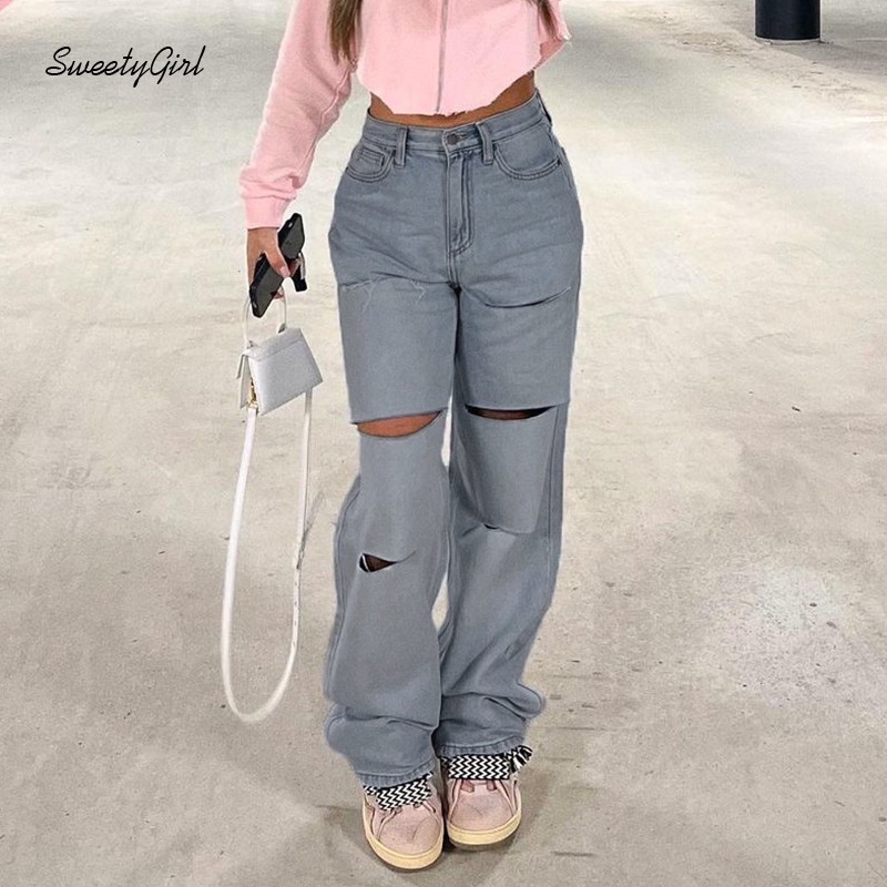 Quần Jean Rách Ống Thẳng Eo Thấp Thời Trang Dành Cho Nữ 2022