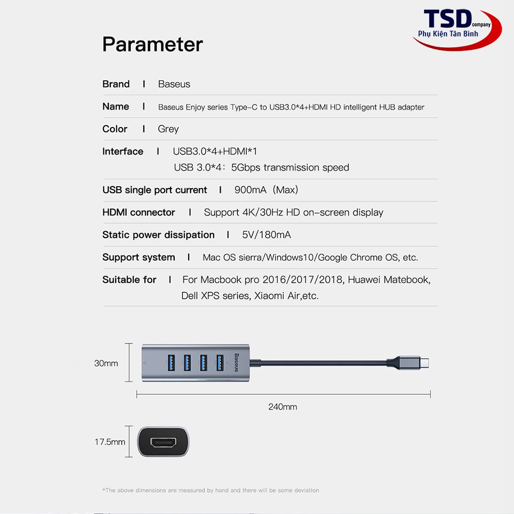 Hub Chuyển Type C Ra USB 3.0 Và HDMI Baseus Enjoy Chính Hãng