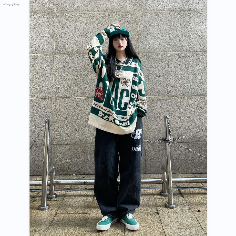 Áo Thun Polo Tay Dài Dáng Rộng In Họa Tiết Phong Cách Retro Thời Trang Mùa Thu Cho Cặp Đôi