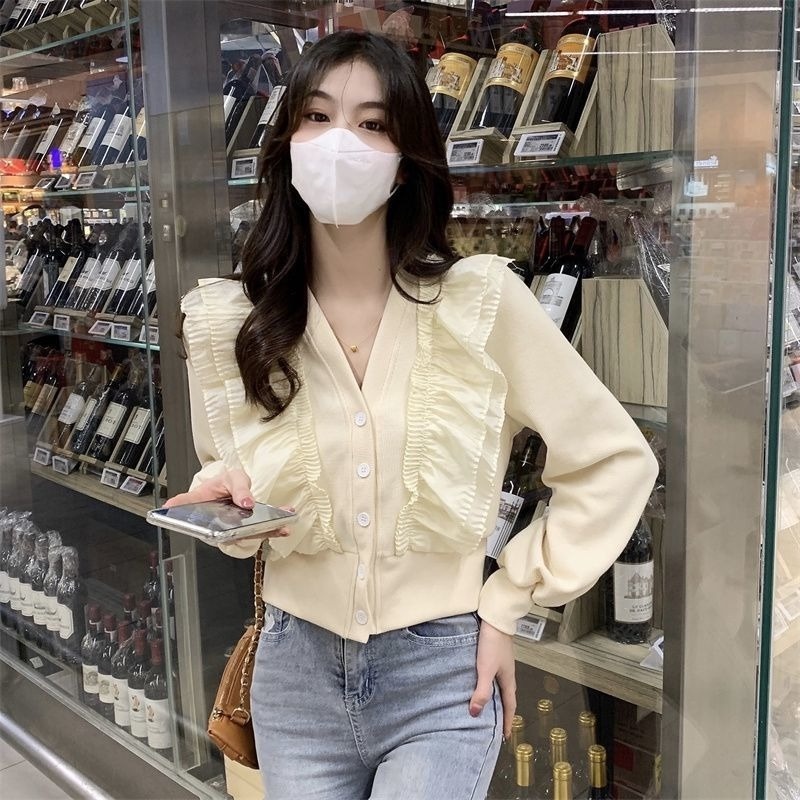 Áo Sơ Mi Tay Dài Cổ Chữ V Dáng Rộng Thiết Kế Nhún Bèo Phong Cách Mùa Đông Mới Cho Nữ