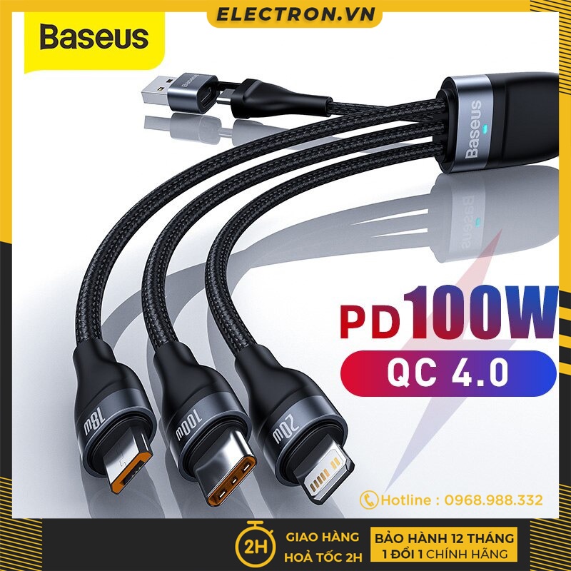 Cáp sạc nhanh 3 đầu Baseus Flash Series 3in1 Plus (USB+ Type C to Micro+ Type C+IP 100W Quick Charge and Data)