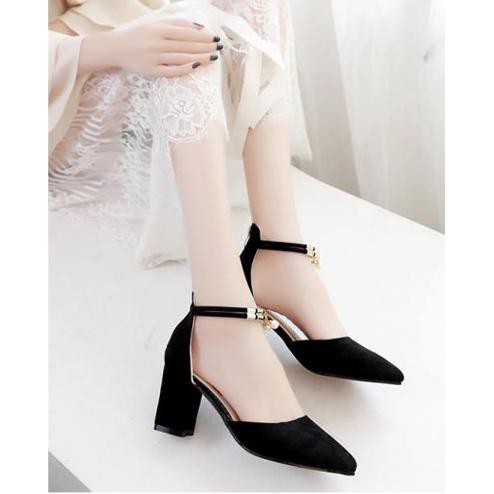 Giày cao gót vuông RF 7 phân bít mũi đen cổ hạt châu CG-0330