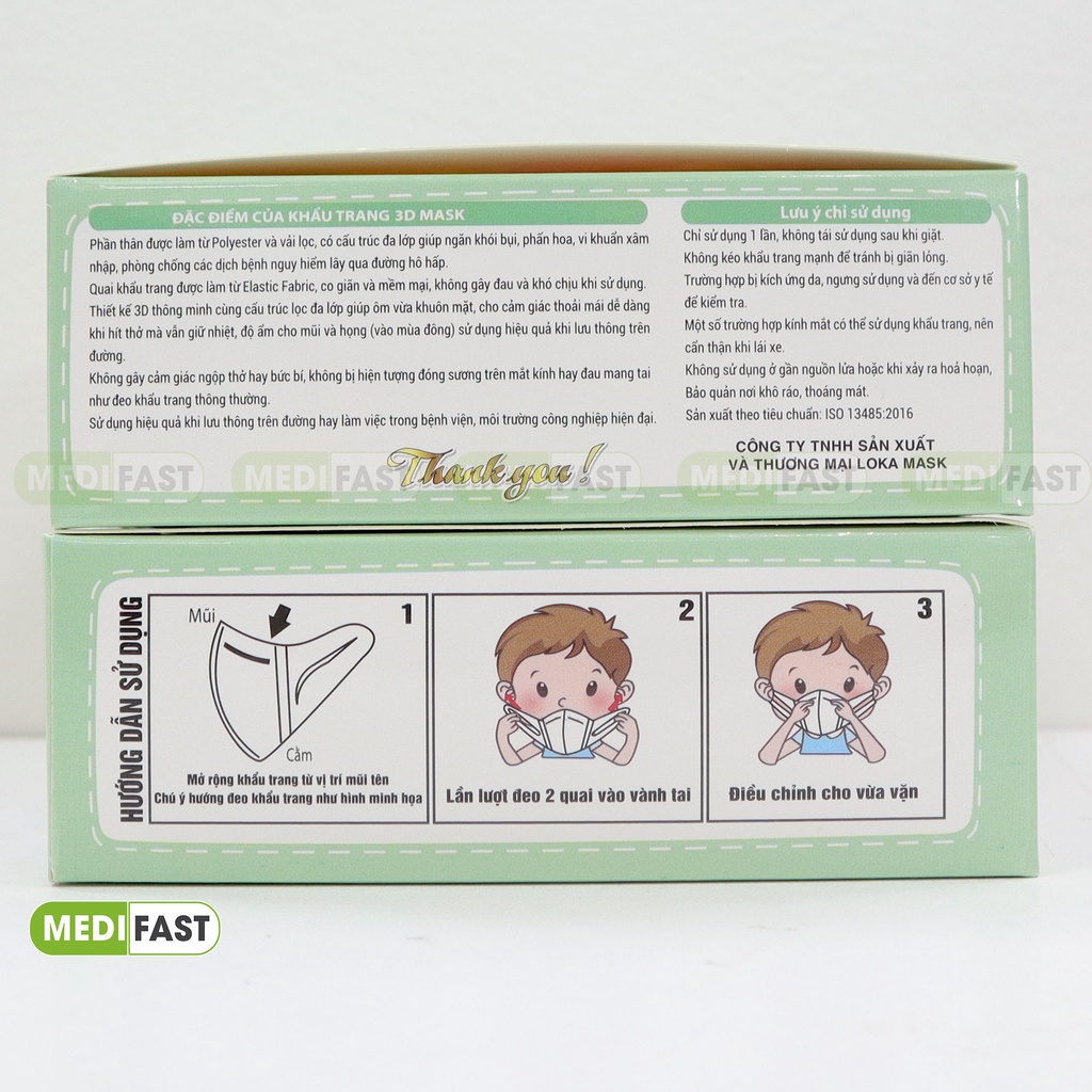 Khẩu trang cho bé ngăn ngừa bụi, kháng khuẩn - 3D mask kid Loka - Hộp 50 cái họa tiết dễ thương cho bé 2-10 tuổi